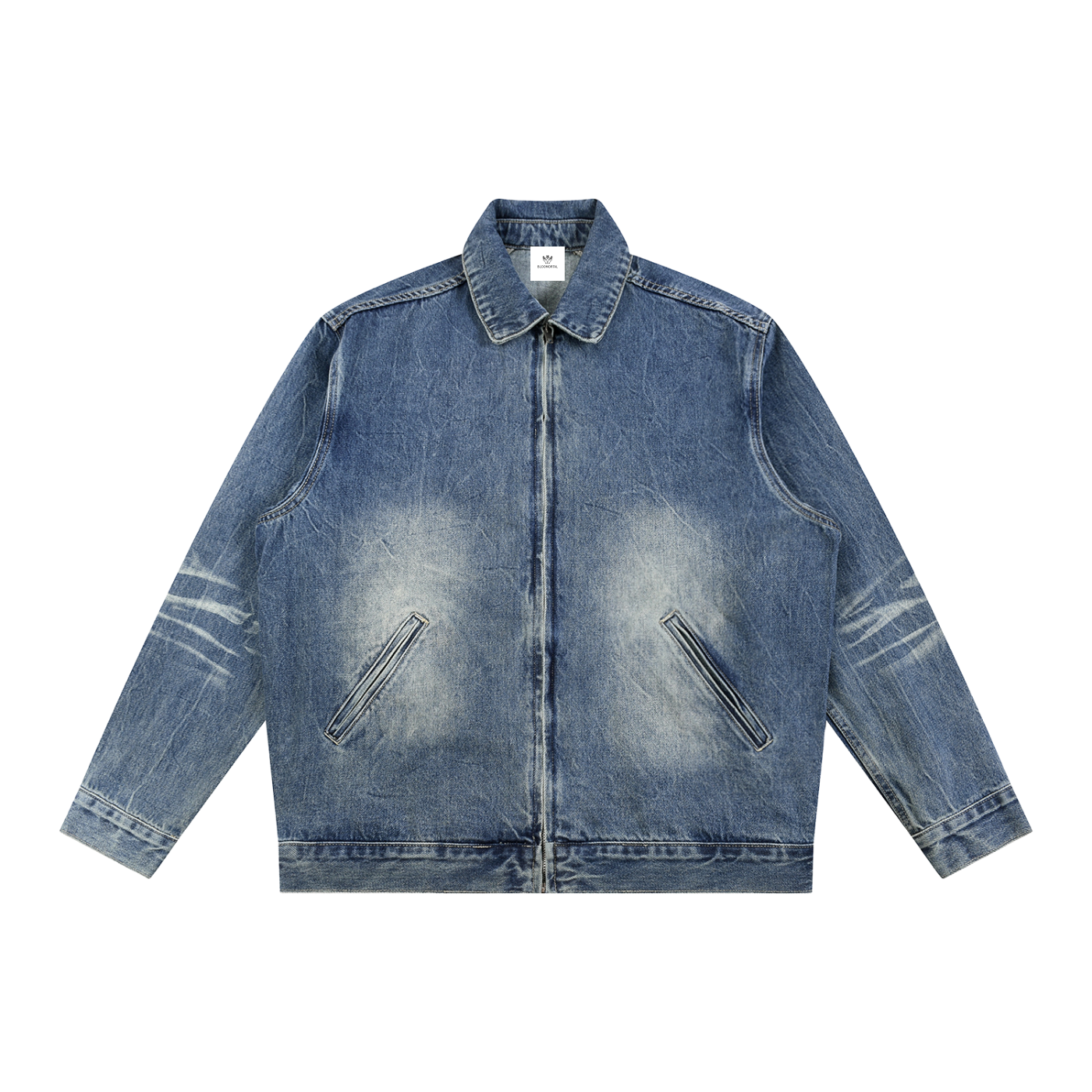 BLOOMORTAL Vintage Wash Zip Up Denim Jacket