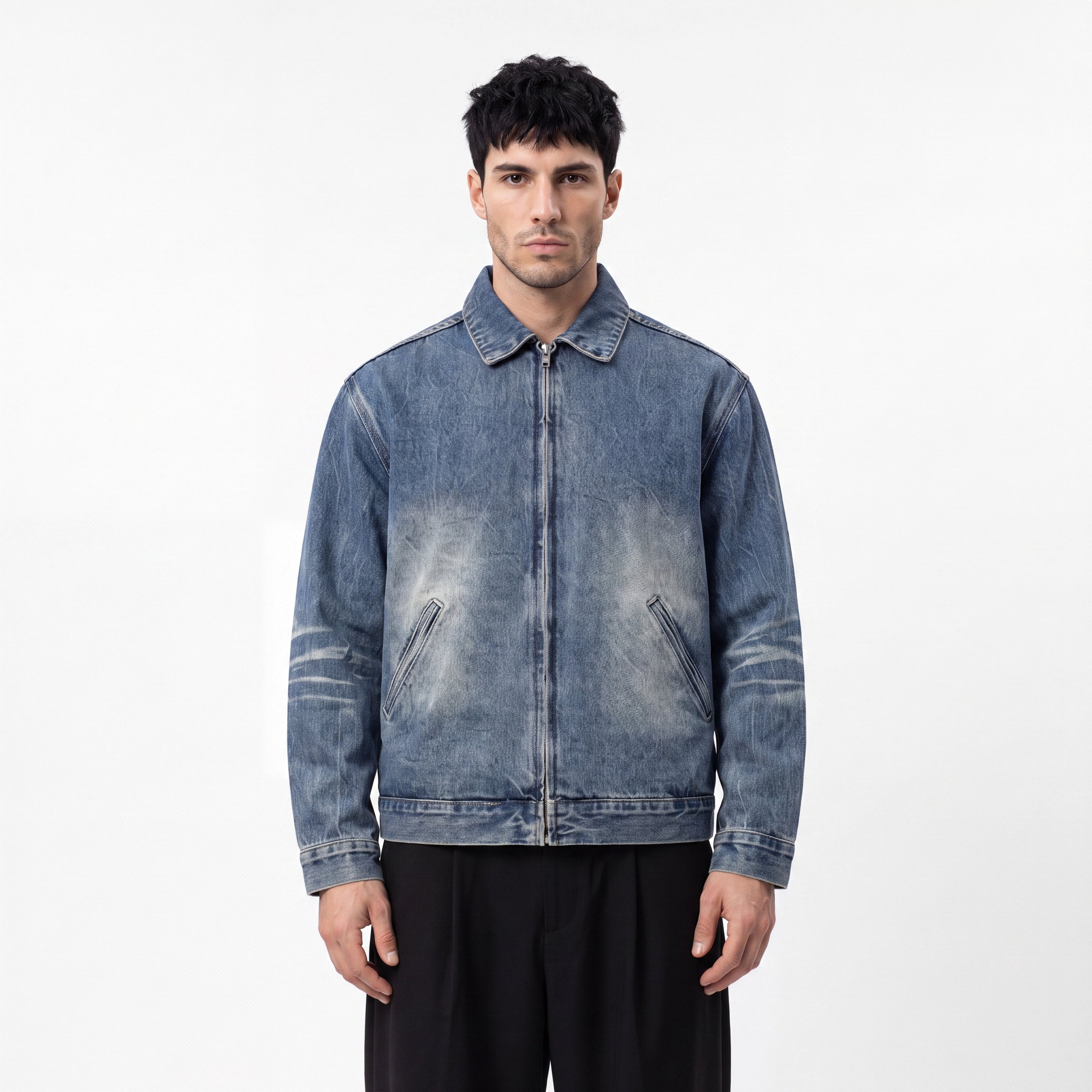 BLOOMORTAL Vintage Wash Zip Up Denim Jacket - BLOOMORTAL