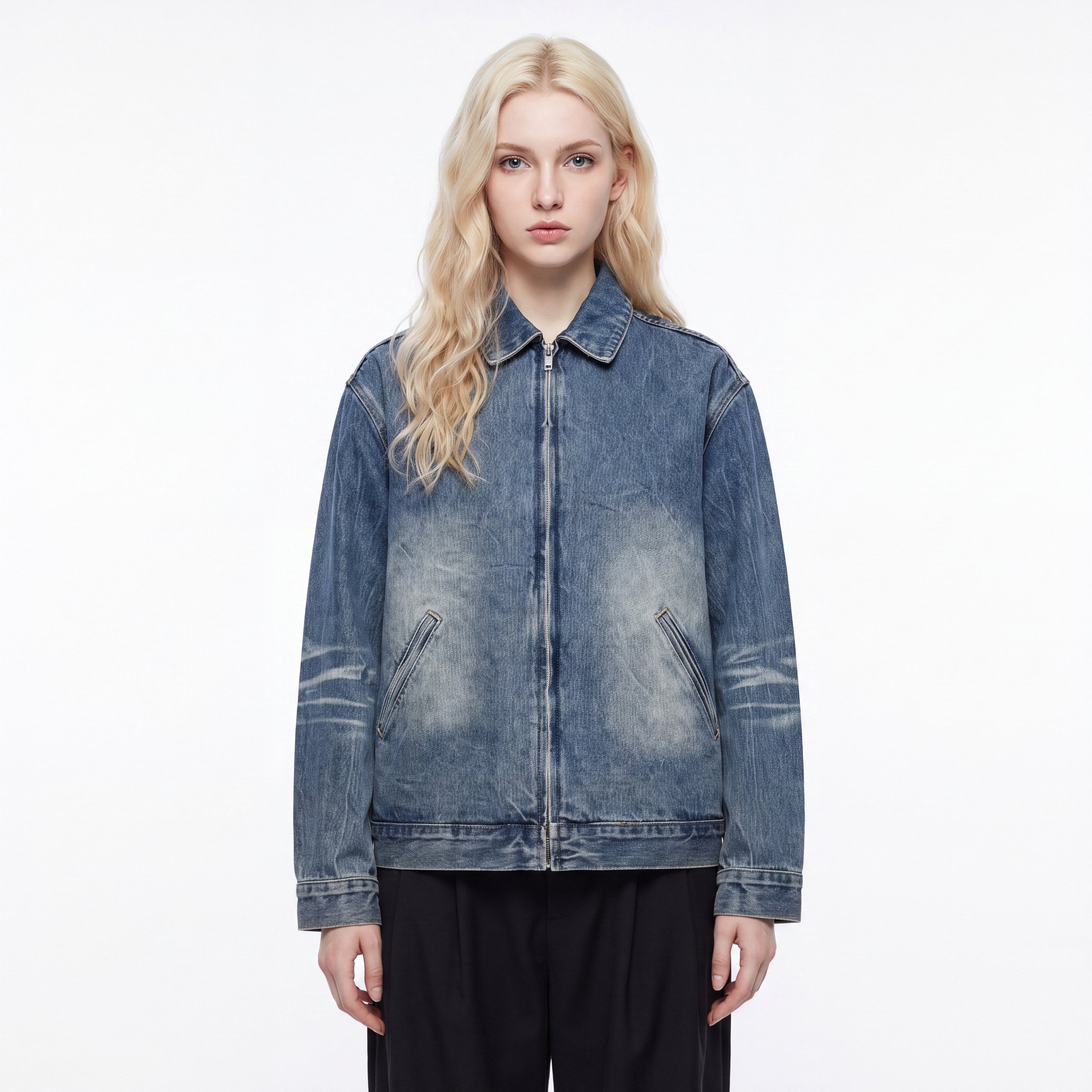 BLOOMORTAL Vintage Wash Zip Up Denim Jacket - BLOOMORTAL